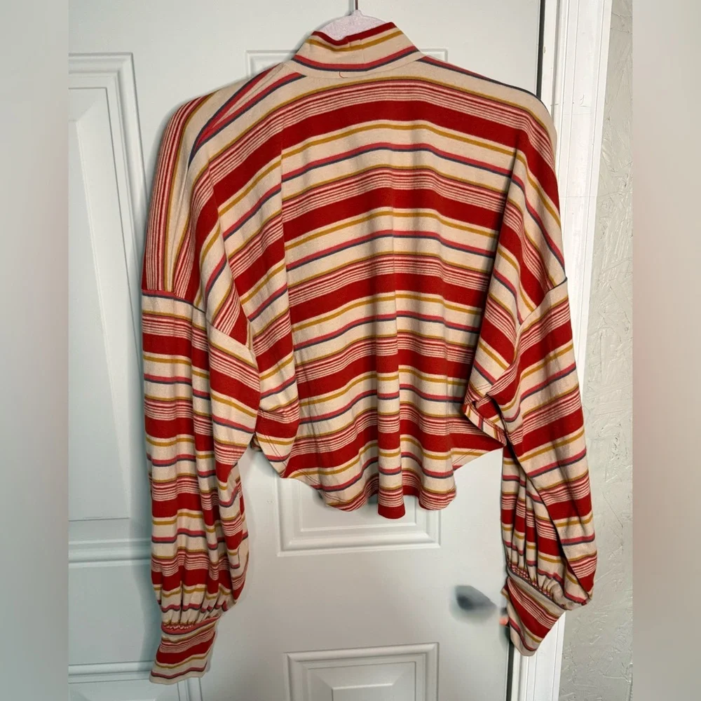 Free‎ People Red and Cream Striped Long Sleeve Top. Size XS Oversized